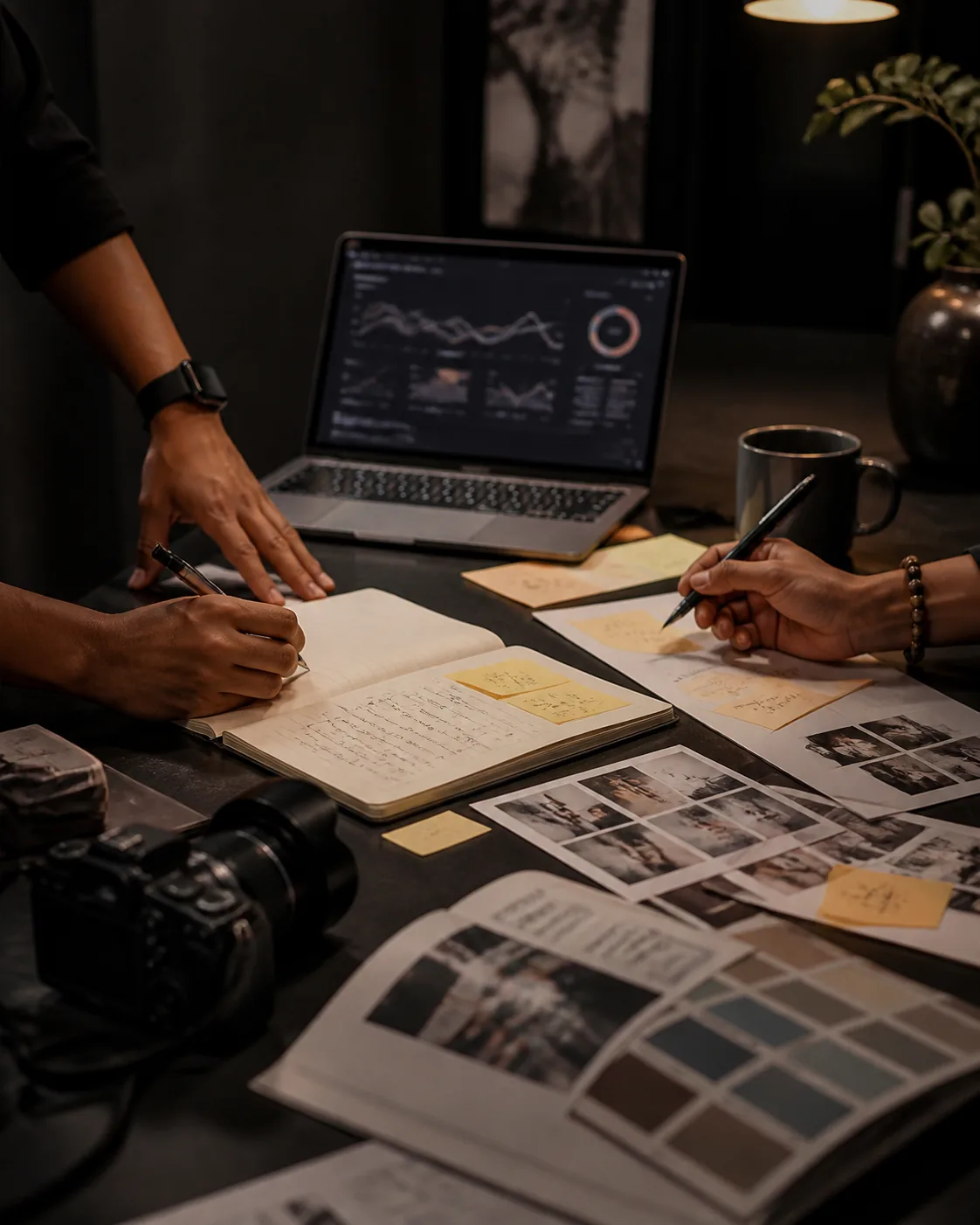 Illustrative marketing strategy session with campaign notes, a camera and a laptop