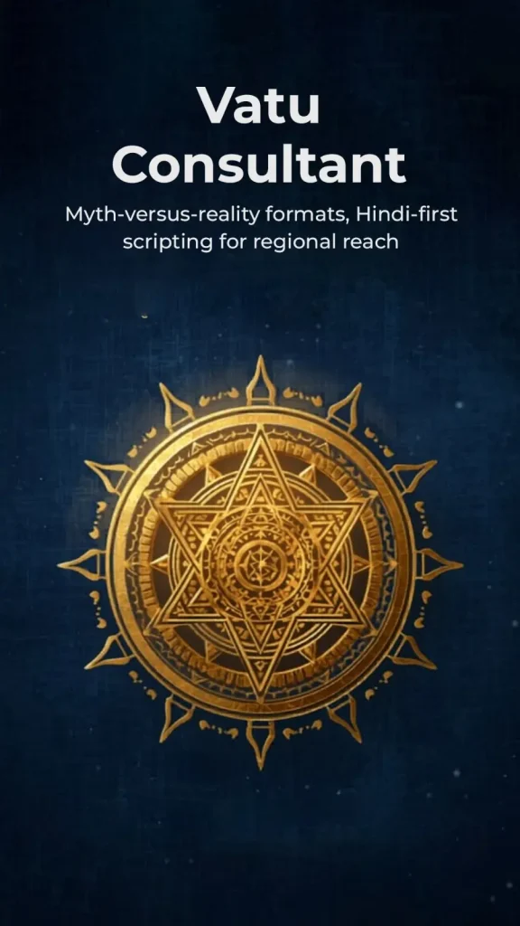 Vastu consultant: Myth-versus-reality formats, Hindi-first scripting for regional reach.